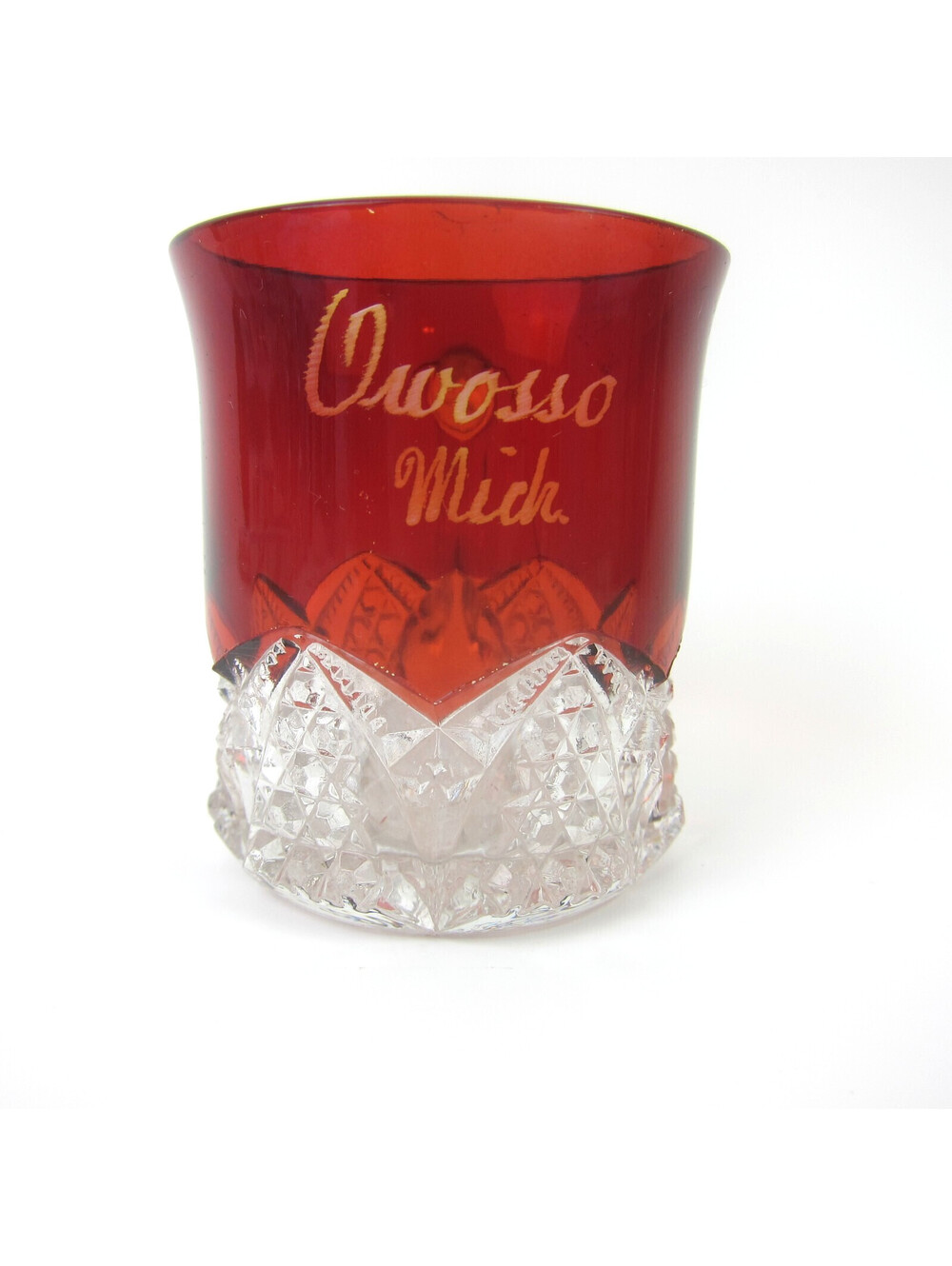 Antique Ruby Flash EAPG Souvenir Glass Owosso Michigan Cup w/ Handle Early 1900s